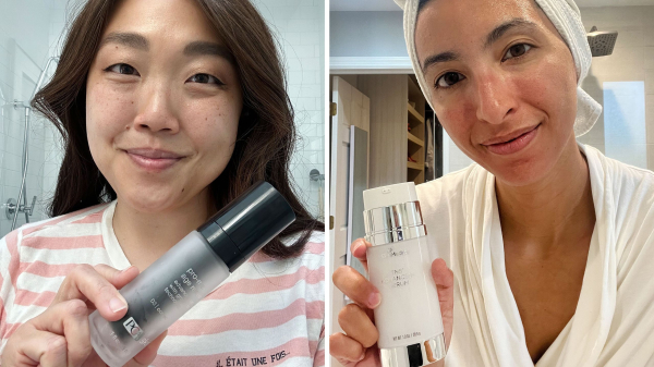 Image contains Allure editors holding their favorite growth factor serums