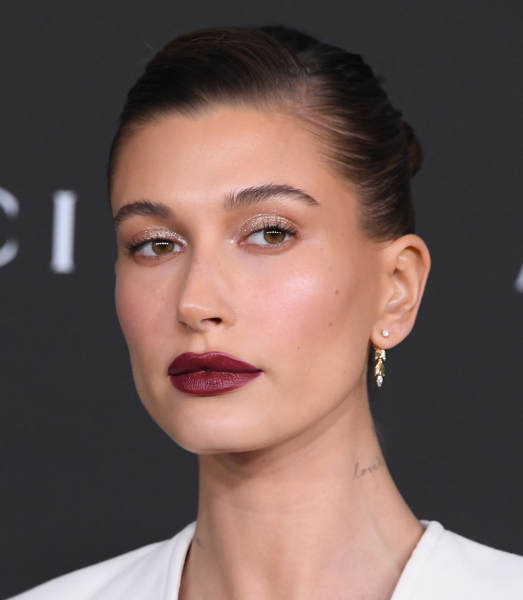 Hailey Bieber Wearing Red Wine Lipstick