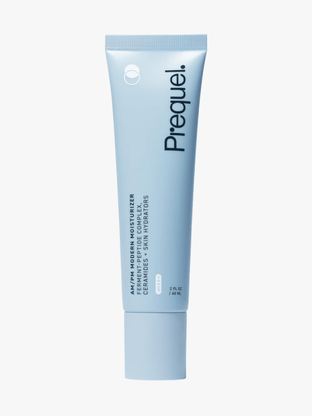 Prequel AM/PM Modern Moisturizer in branded tube component on a light gray background