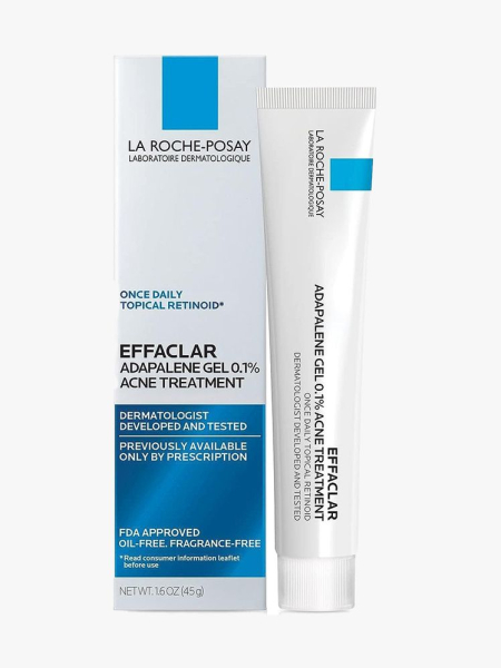 La Roche-Posay Effaclar Adapalene Gel white tube and white and blue box on light gray background