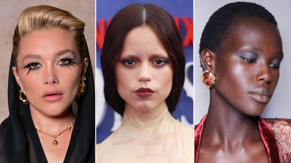 fall makeup long lashes on Florence Pugh red lips on Jenna Ortega at Wednesday premier gray shadow at FW 2025