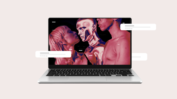 laptop screen depicting a threesome with two humans and a robot