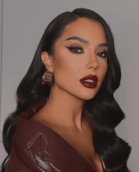 Woman wearing burgundy lipstick